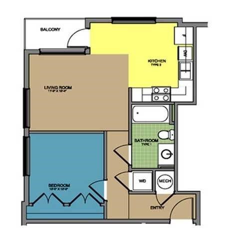 Floor plan for 1 bed, 1 bath, 585 sqft